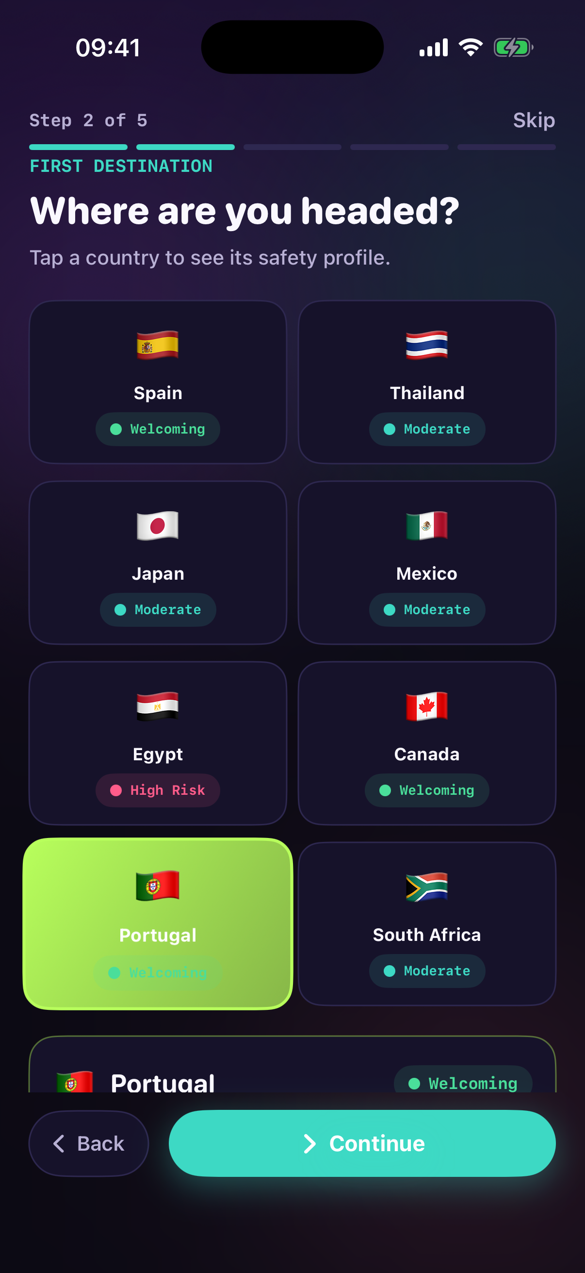 Trips screen showing destinations and country profiles