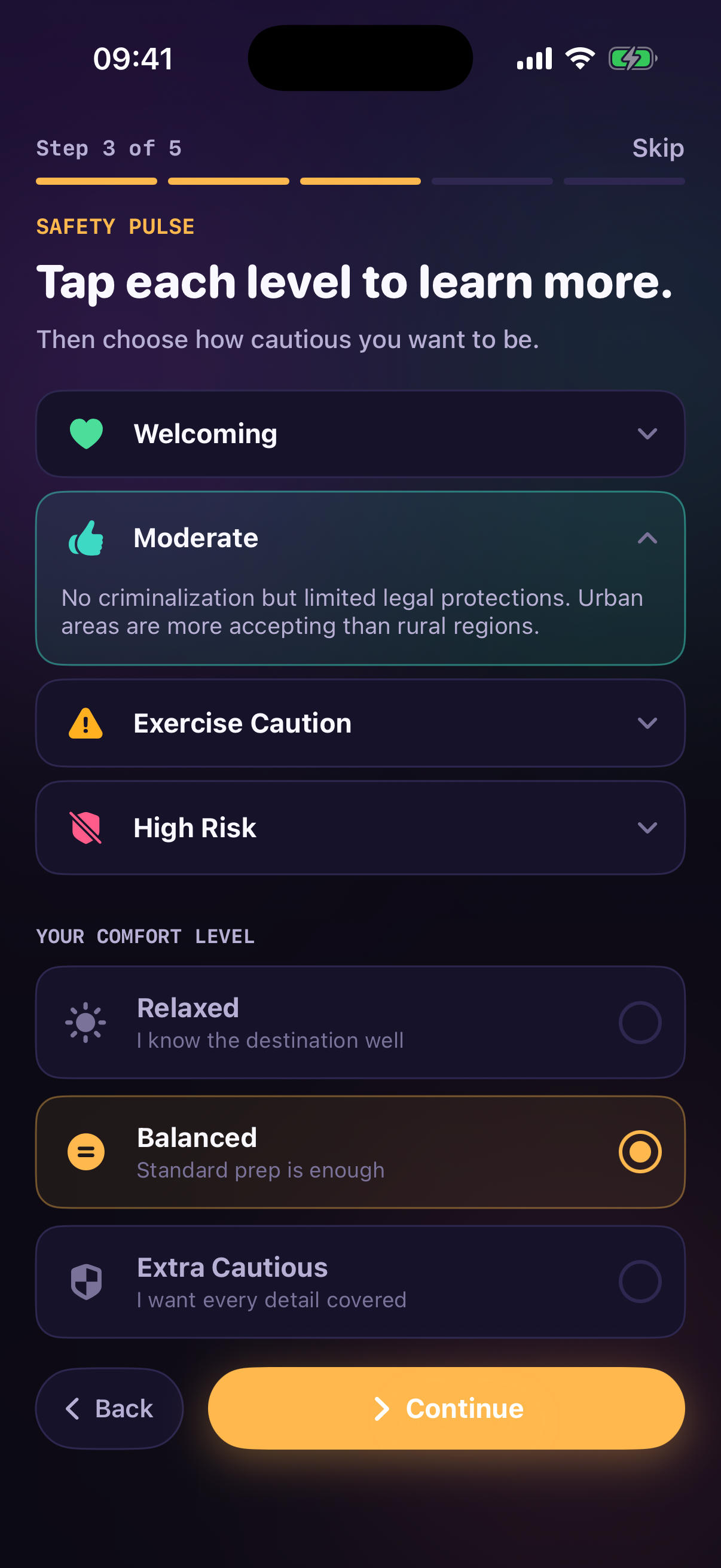Rights screen with LGBTQ+ rules by category